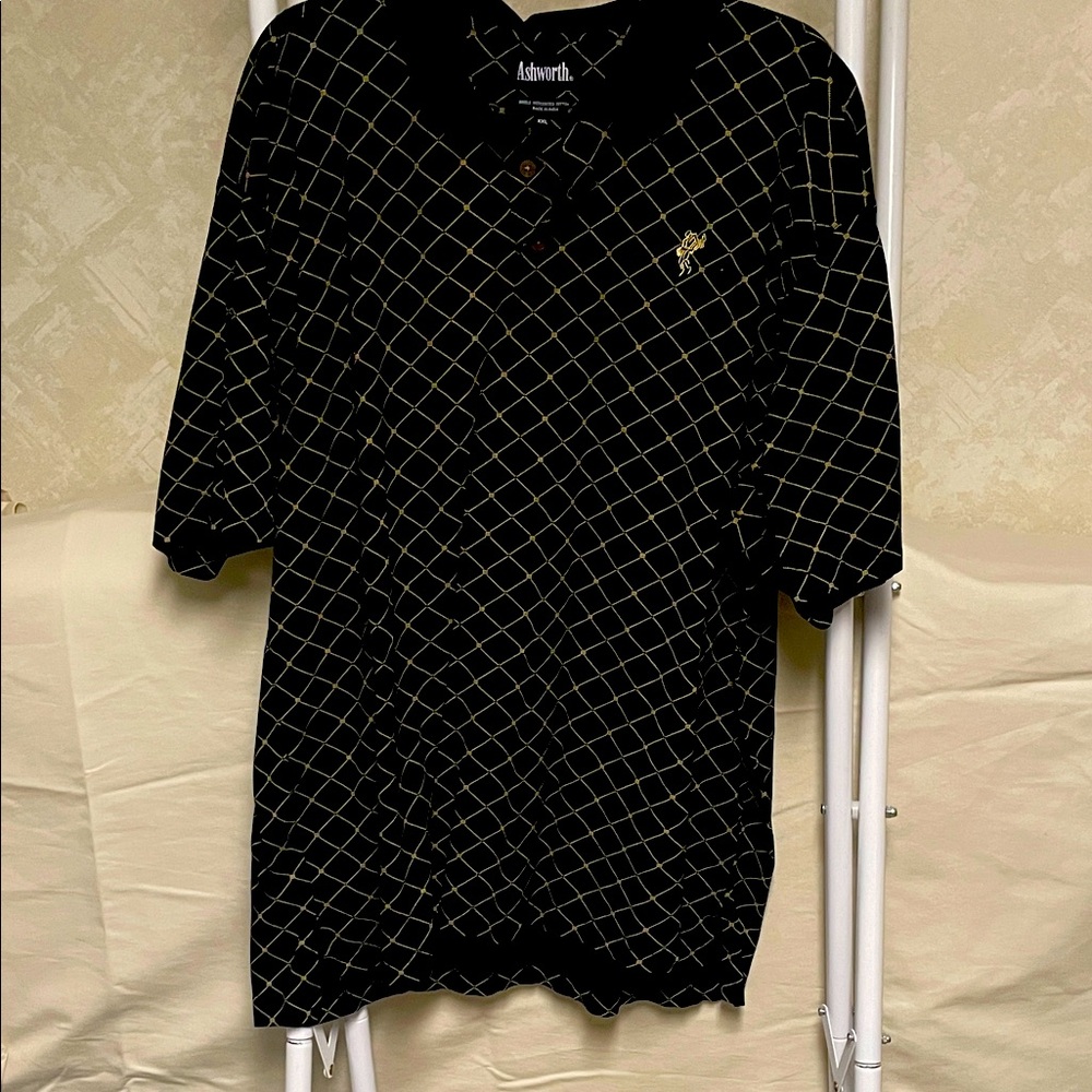 Ashworth Men's Polo Shirt with Black and Gold Checkered Design